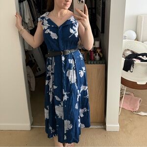 Donna Karan Navy and White Floral Midi Dress